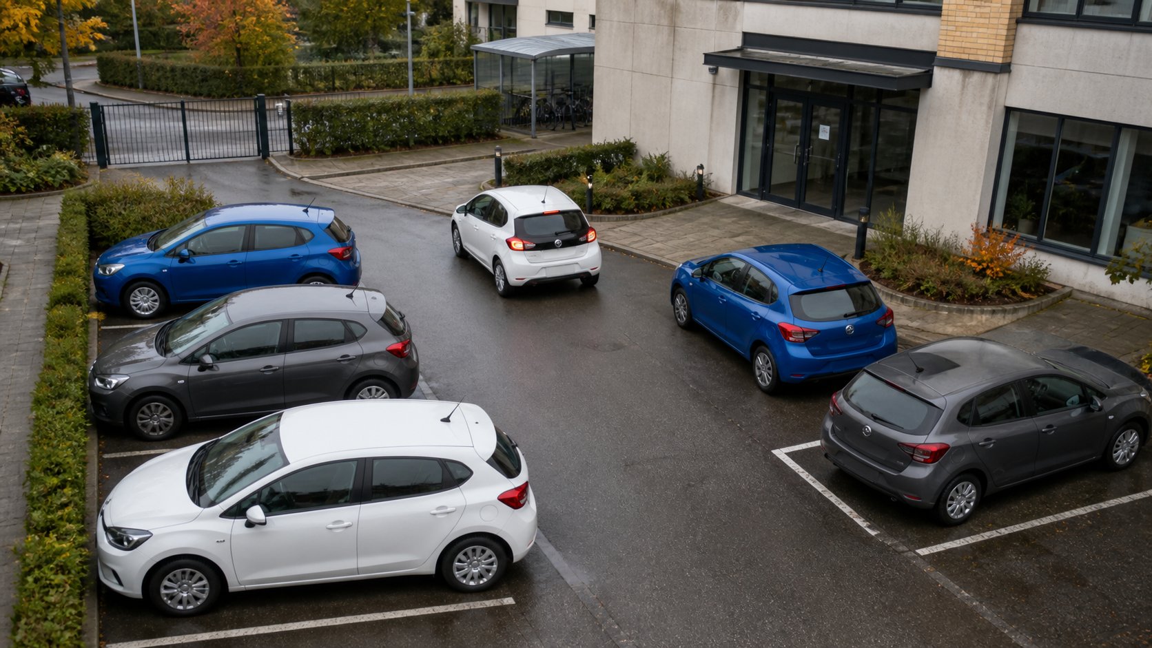 Fælles biler ved en arbejdsplads med parkeringsbåse, indkørsel og snævre manøvreområder