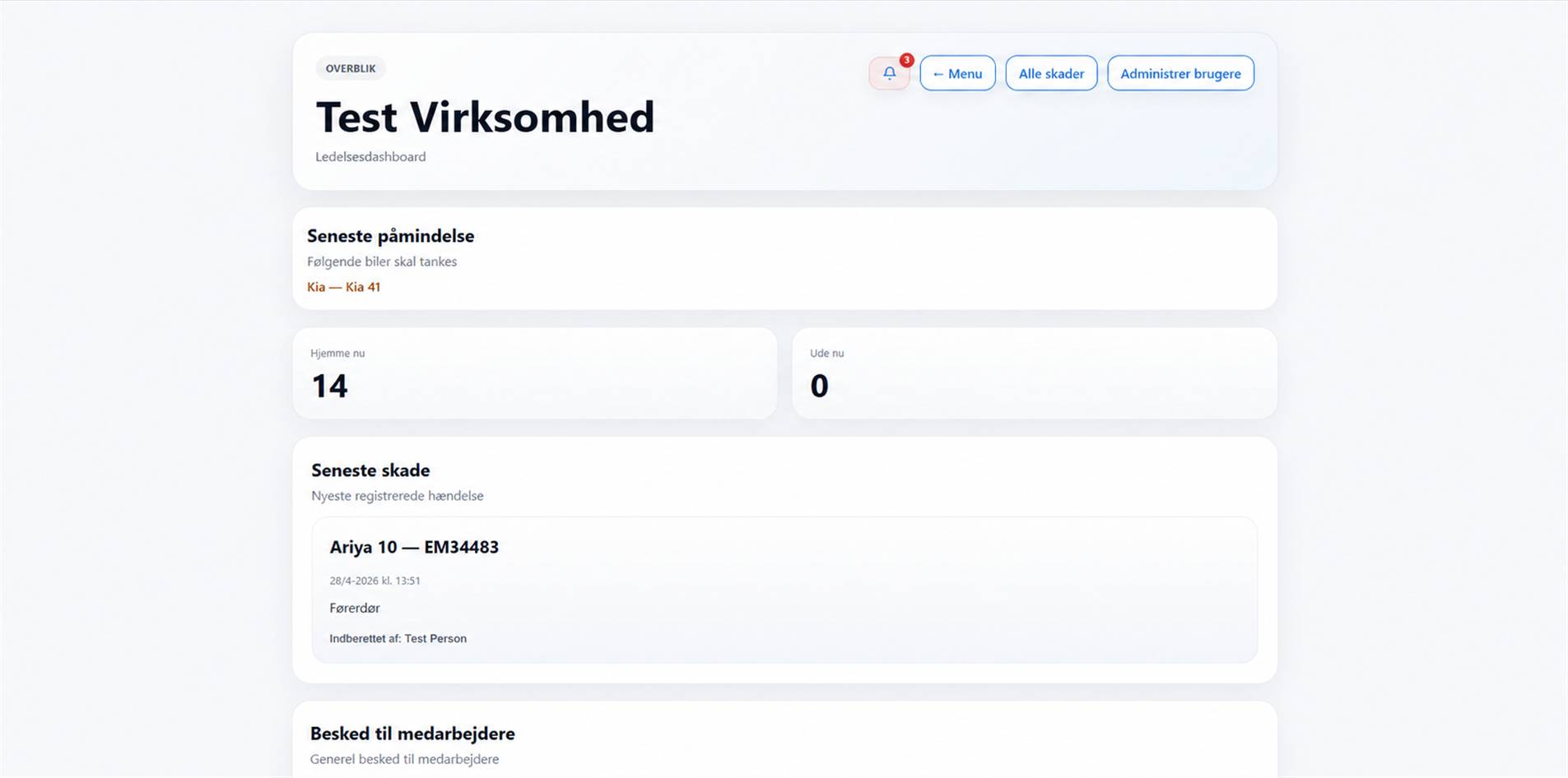 BilNøglens administrationsdashboard med bilstatus, påmindelse og seneste skade